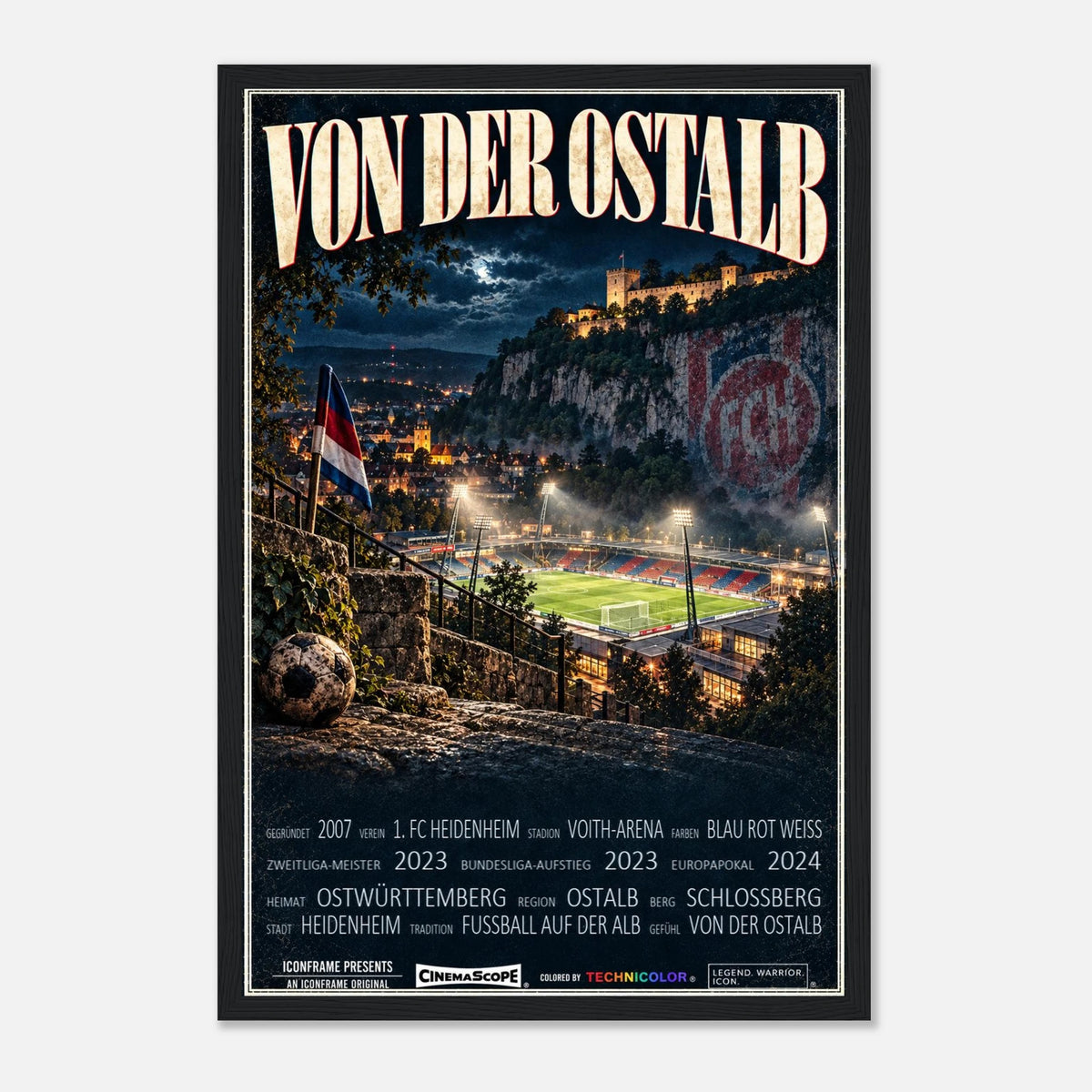 1. FC Heidenheim Poster „Von der Ostalb“ – 30 × 45 cm, mit schwarzem Holzrahmen vor hellem Hintergrund