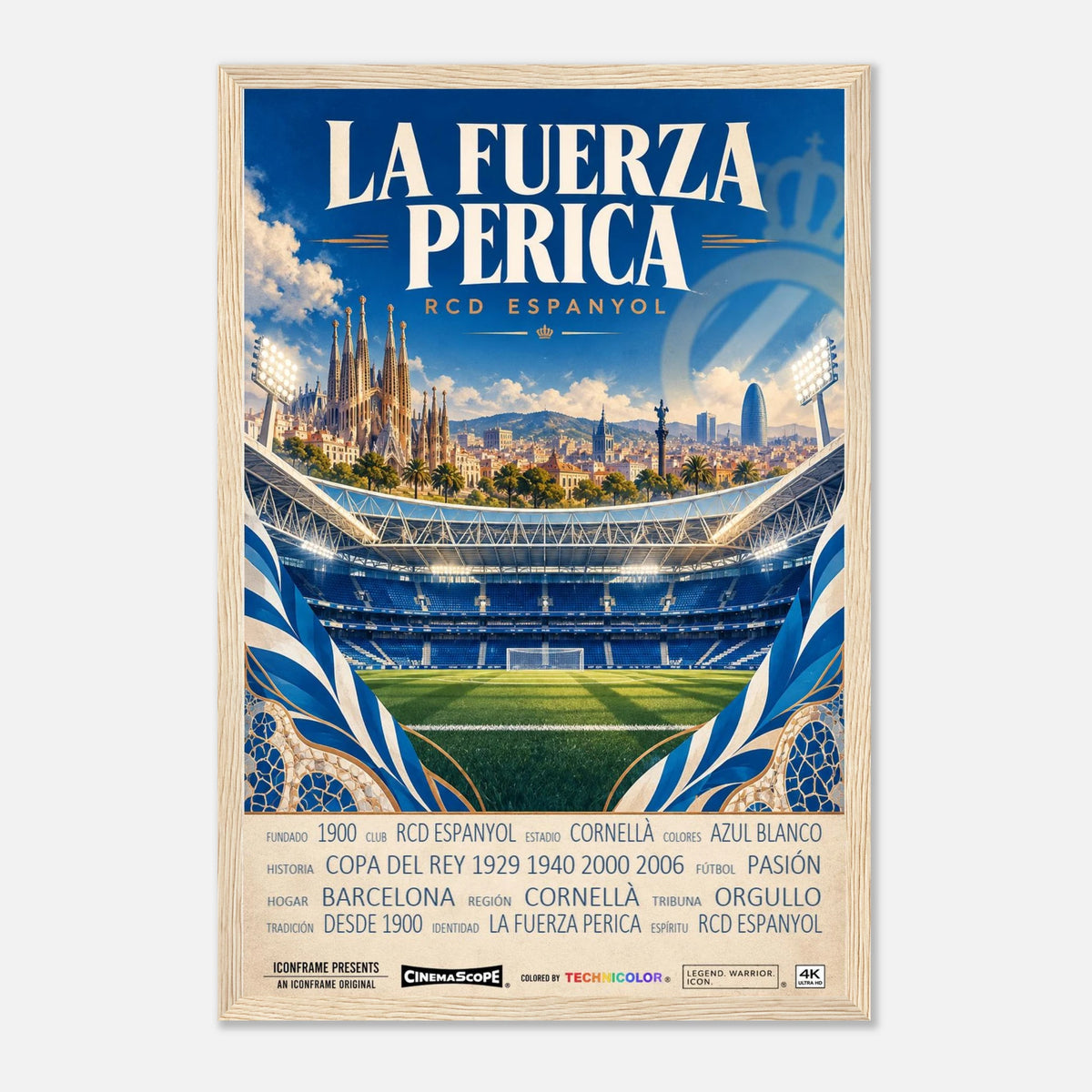 Espanyol Barcelona Poster „La Fuerza Perica“ – 30 × 45 cm, mit naturfarbenem Holzrahmen vor hellem Hintergrund