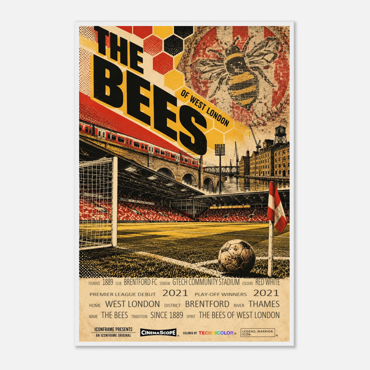 Brentford Poster „The Bees“ – 60 × 90 cm, mit weißem Holzrahmen vor hellem Hintergrund
