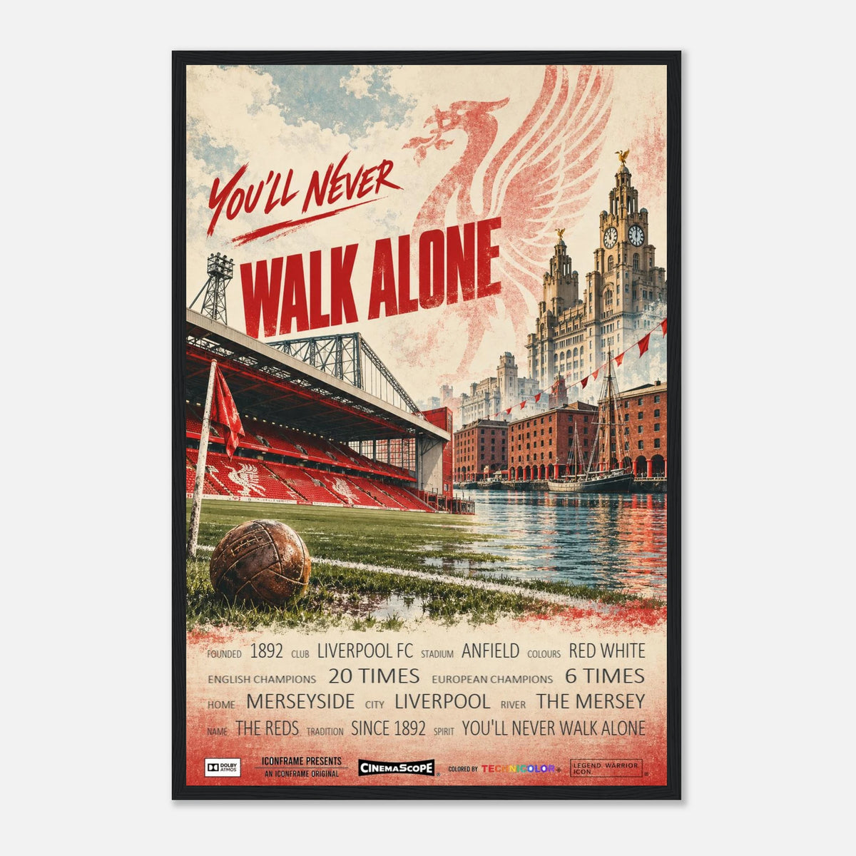 Liverpool Poster „You'll Never Walk Alone“ – 40 × 60 cm, mit schwarzem Holzrahmen vor hellem Hintergrund