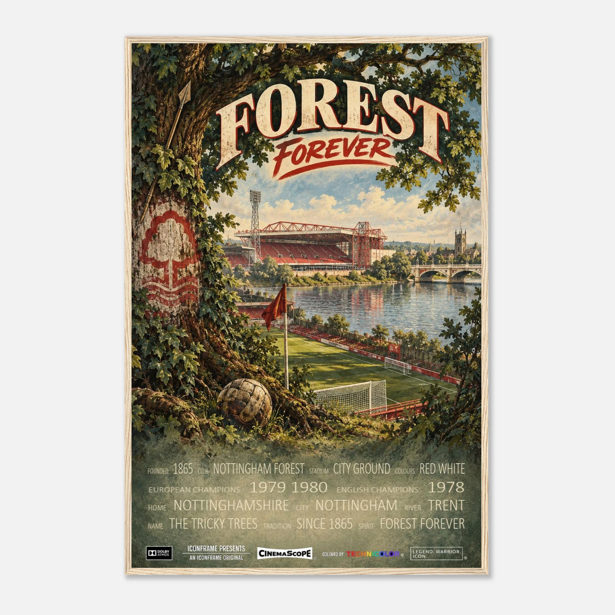 Nottingham Forest Poster „Forest Forever“ – 60 × 90 cm, mit naturfarbenem Holzrahmen vor hellem Hintergrund