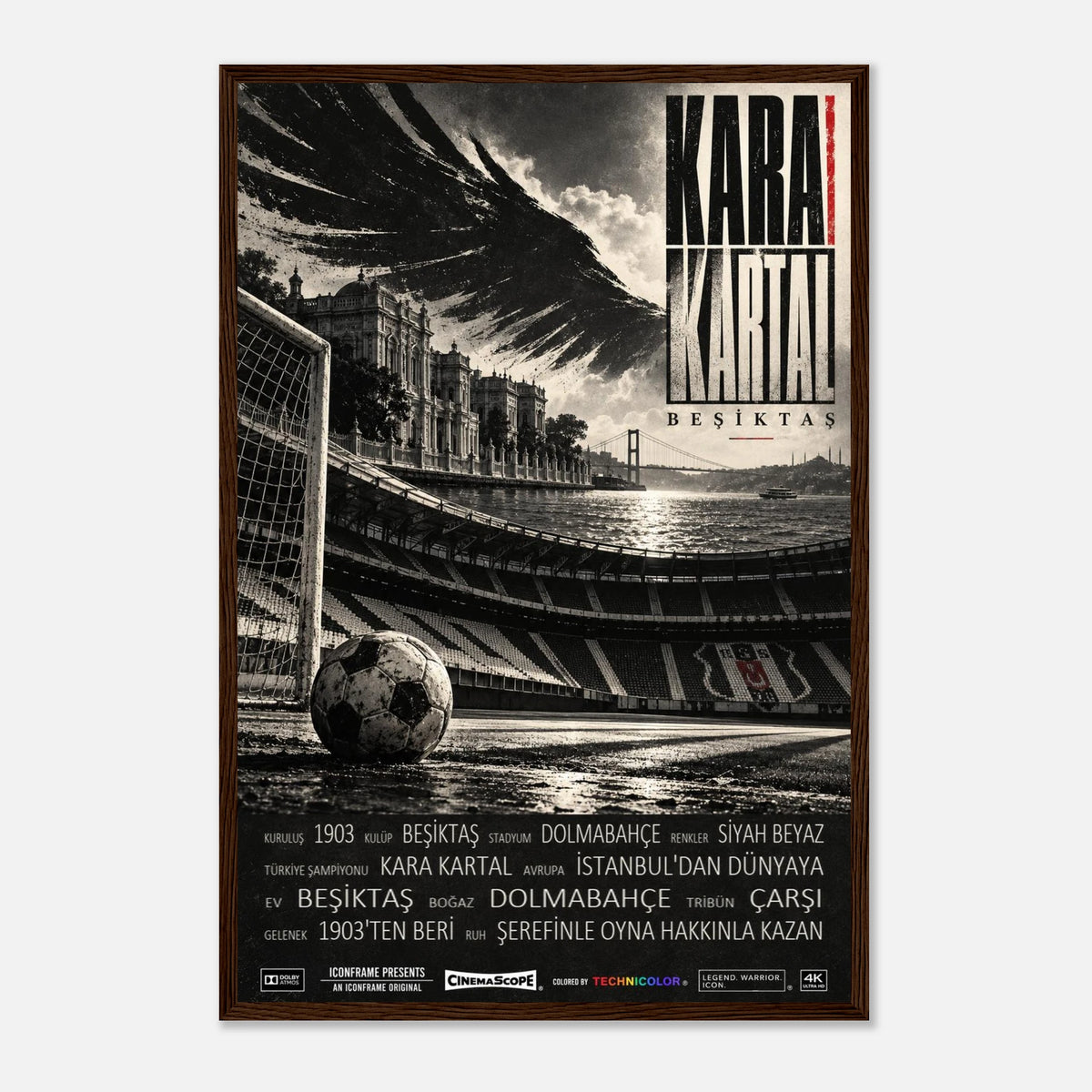Besiktas Istanbul Poster „Kara Kartal“ – 40 × 60 cm, mit dunkelbraunem Holzrahmen