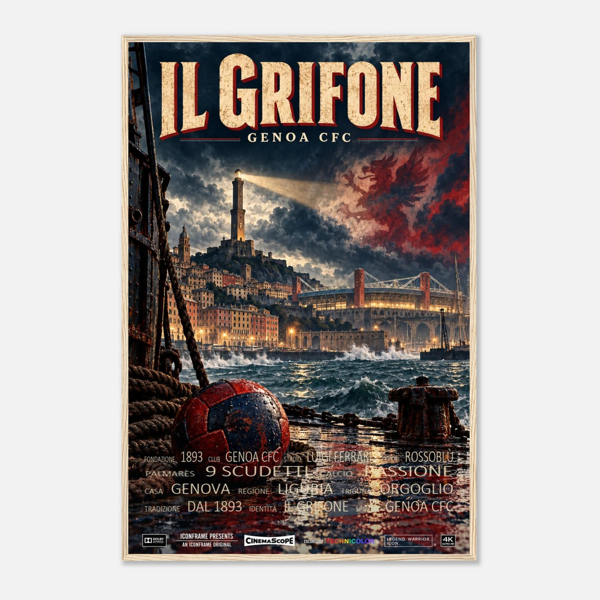 CFC Genua Poster „Il Grifone“ – 60 × 90 cm, mit naturfarbenem Holzrahmen vor hellem Hintergrund