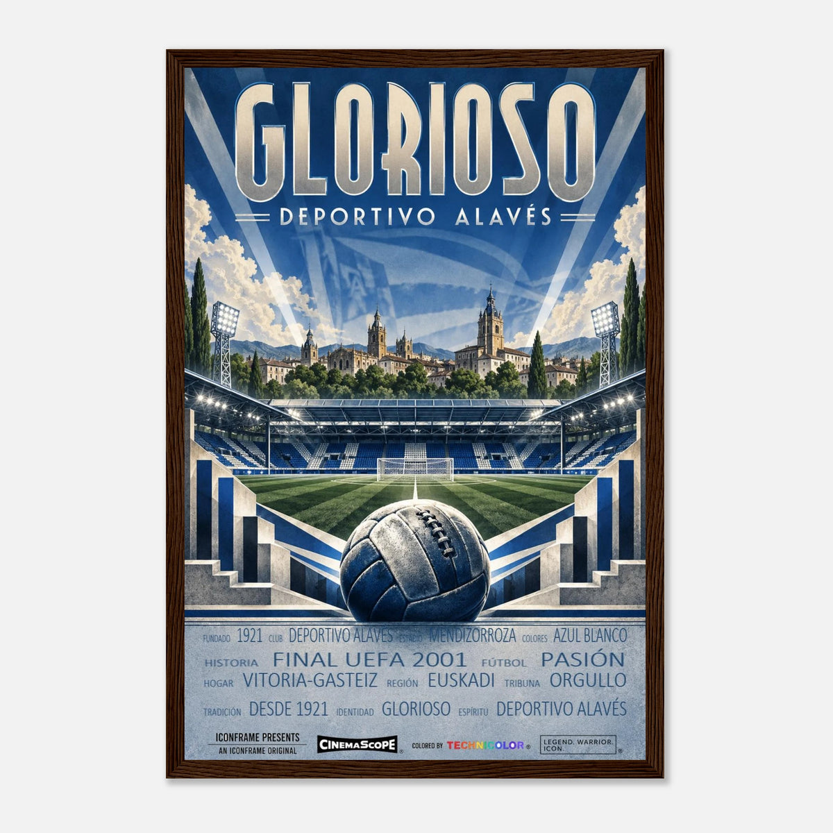 Deportivo Alavés Poster „Glorioso“ – 30 × 45 cm, mit dunkelbraunem Holzrahmen vor hellem Hintergrund
