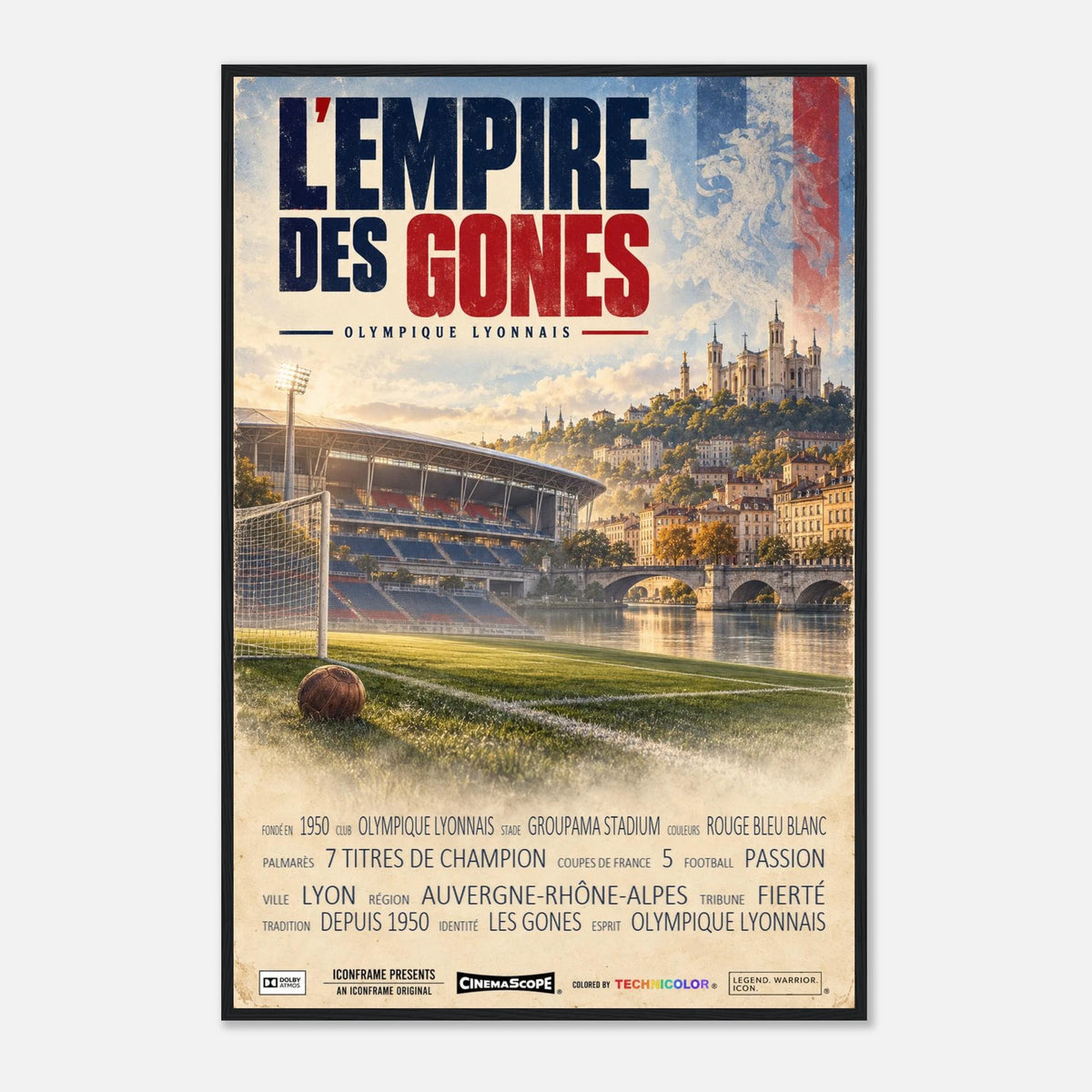 Olympique Lyon Poster „L’Empire des Gones“ – 60 × 90 cm, mit schwarzem Holzrahmen