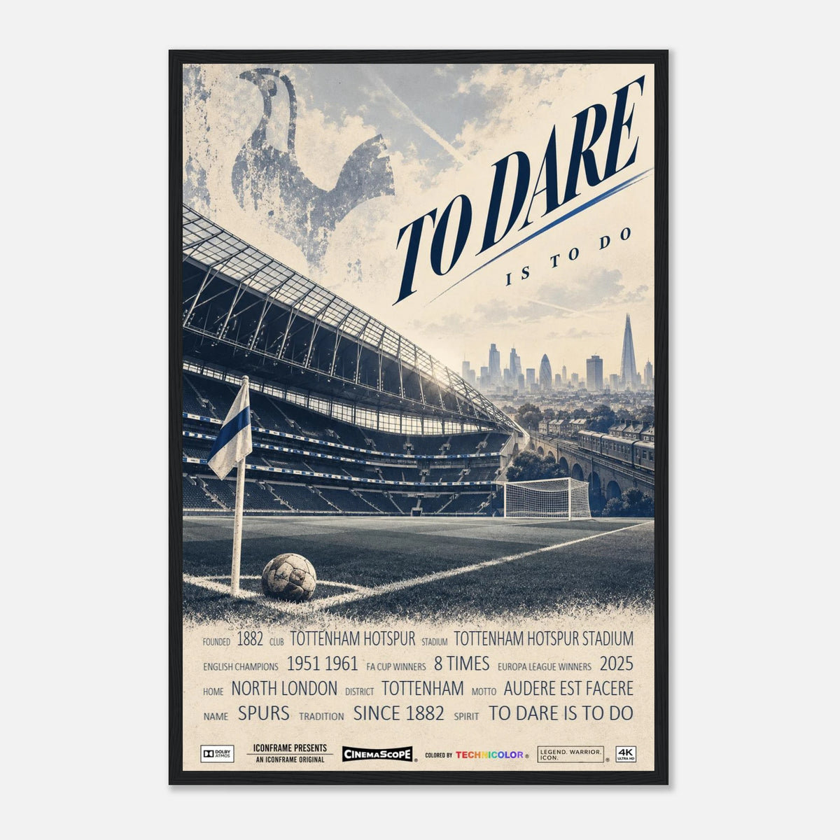 Tottenham Hotspur Poster „To Dare Is to Do“ – 40 × 60 cm, mit schwarzem Holzrahmen vor hellem Hintergrund