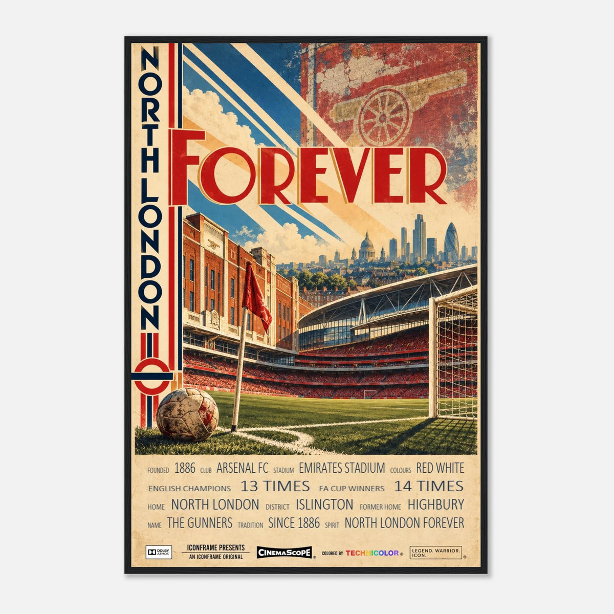 Arsenal Poster „North London Forever“ – 60 × 90 cm, mit schwarzem Holzrahmen vor hellem Hintergrund