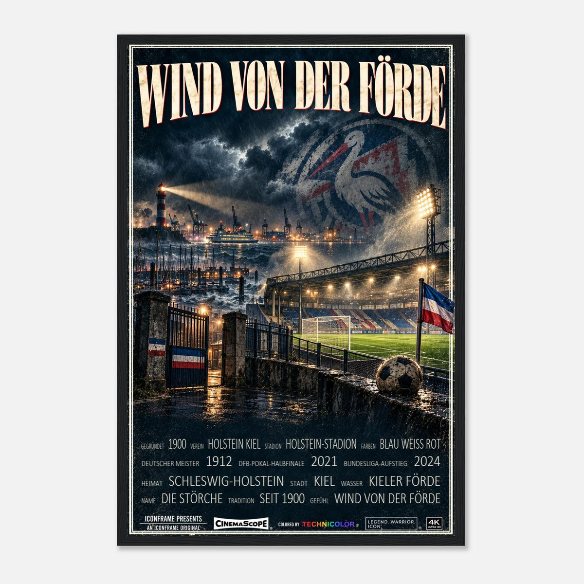 Holstein Kiel Poster „Wind von der Förde“ – 40 × 60 cm, mit schwarzem Holzrahmen vor hellem Hintergrund