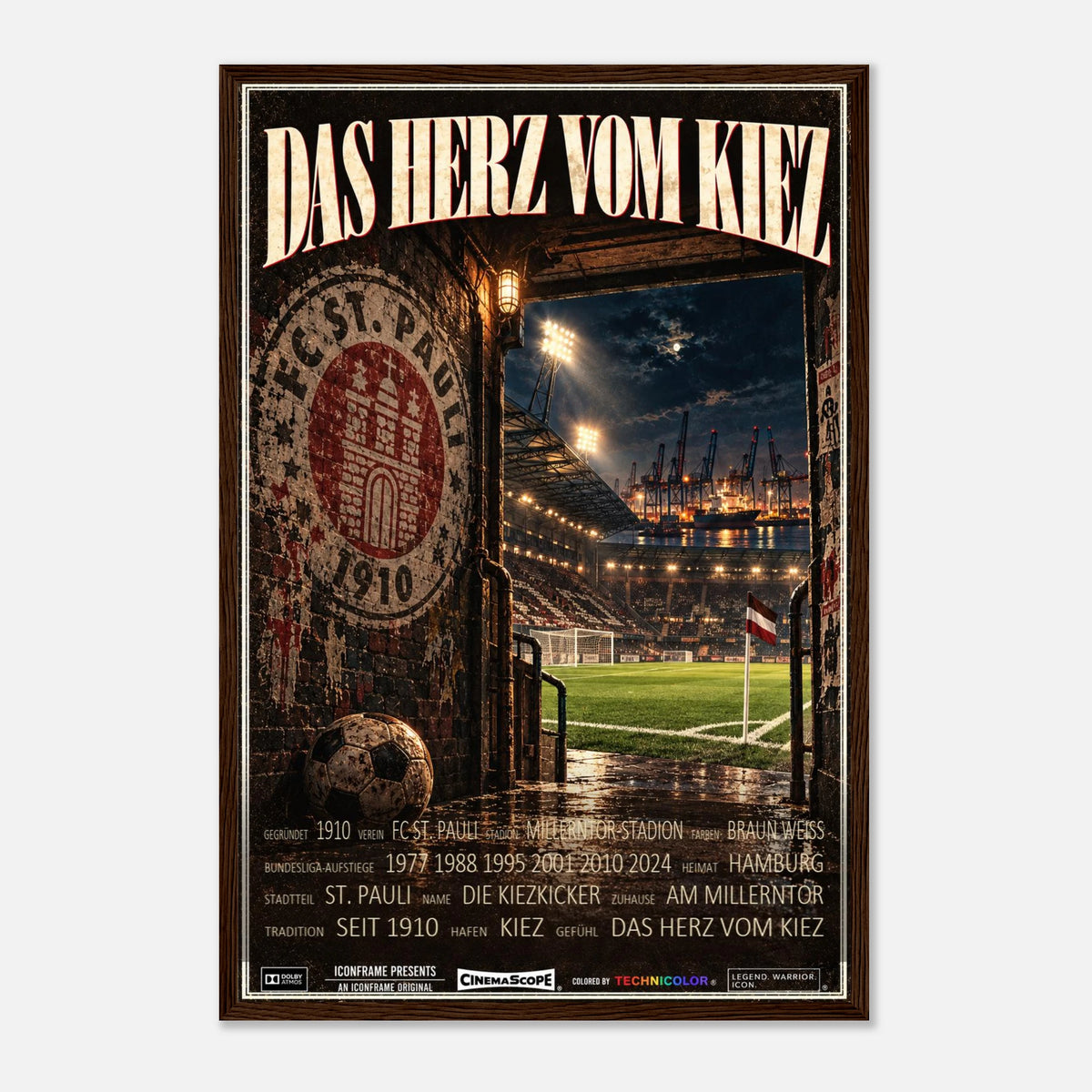 St. Pauli Poster „Das Herz vom Kiez“ – 40 × 60 cm, mit dunkelbraunem Holzrahmen vor hellem Hintergrund