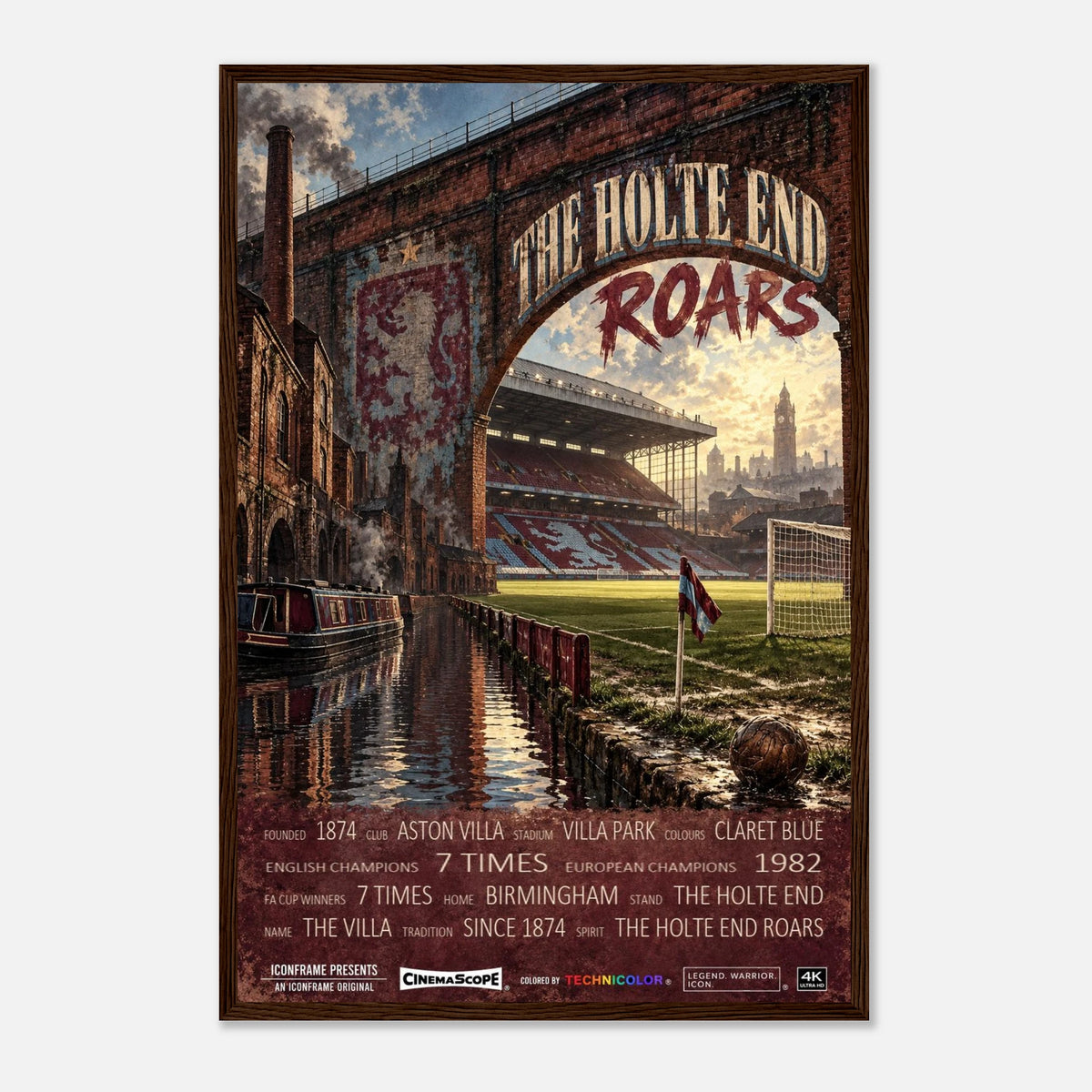 Aston Villa Poster „The Holte End Roars“ – 40 × 60 cm, mit dunkelbraunem Holzrahmen vor hellem Hintergrund