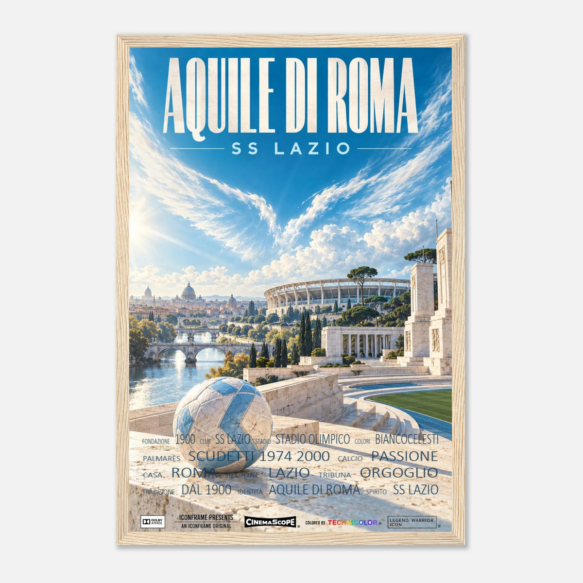 Lazio Rom Poster „Aquile di Roma“ – 30 × 45 cm, mit naturfarbenem Holzrahmen vor hellem Hintergrund