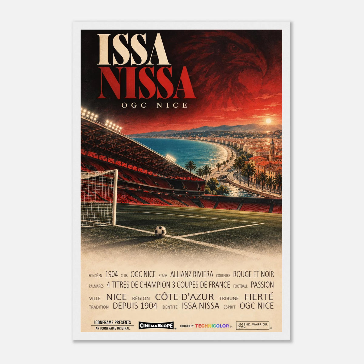 OGC Nizza Poster „Issa Nissa“ – 30 × 45 cm, mit weißem Holzrahmen