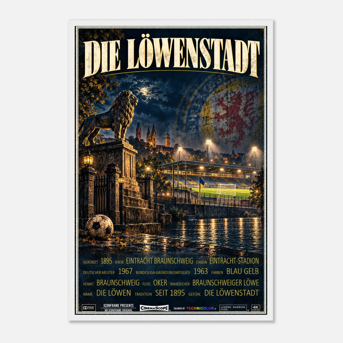 Eintracht Braunschweig Poster „Die Löwenstadt“ – 40 × 60 cm, mit weißem Holzrahmen vor hellem Hintergrund