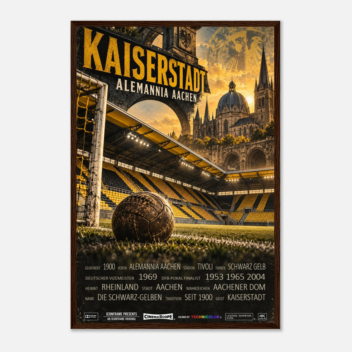 Alemannia Aachen Poster „Kaiserstadt“ – 40 × 60 cm, mit dunkelbraunem Holzrahmen