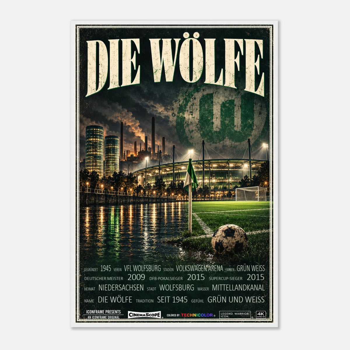 VfL Wolfsburg Poster „Die Wölfe“ – 60 × 90 cm, mit weißem Holzrahmen vor hellem Hintergrund