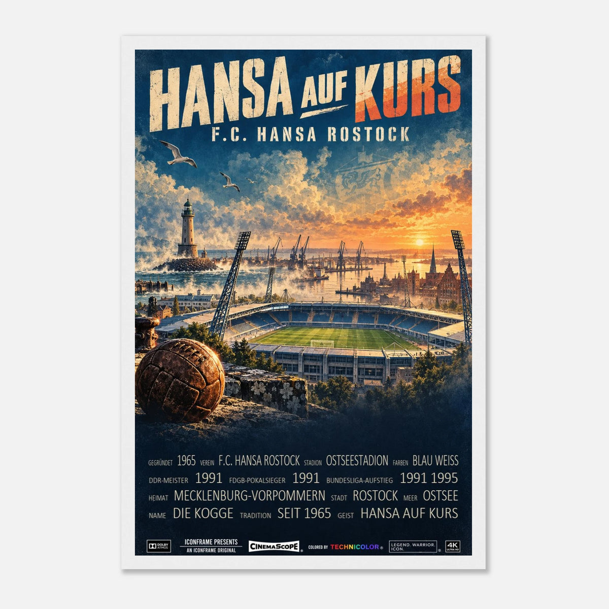 Hansa Rostock Poster „Hansa auf Kurs“ – 30 × 45 cm, mit weißem Holzrahmen