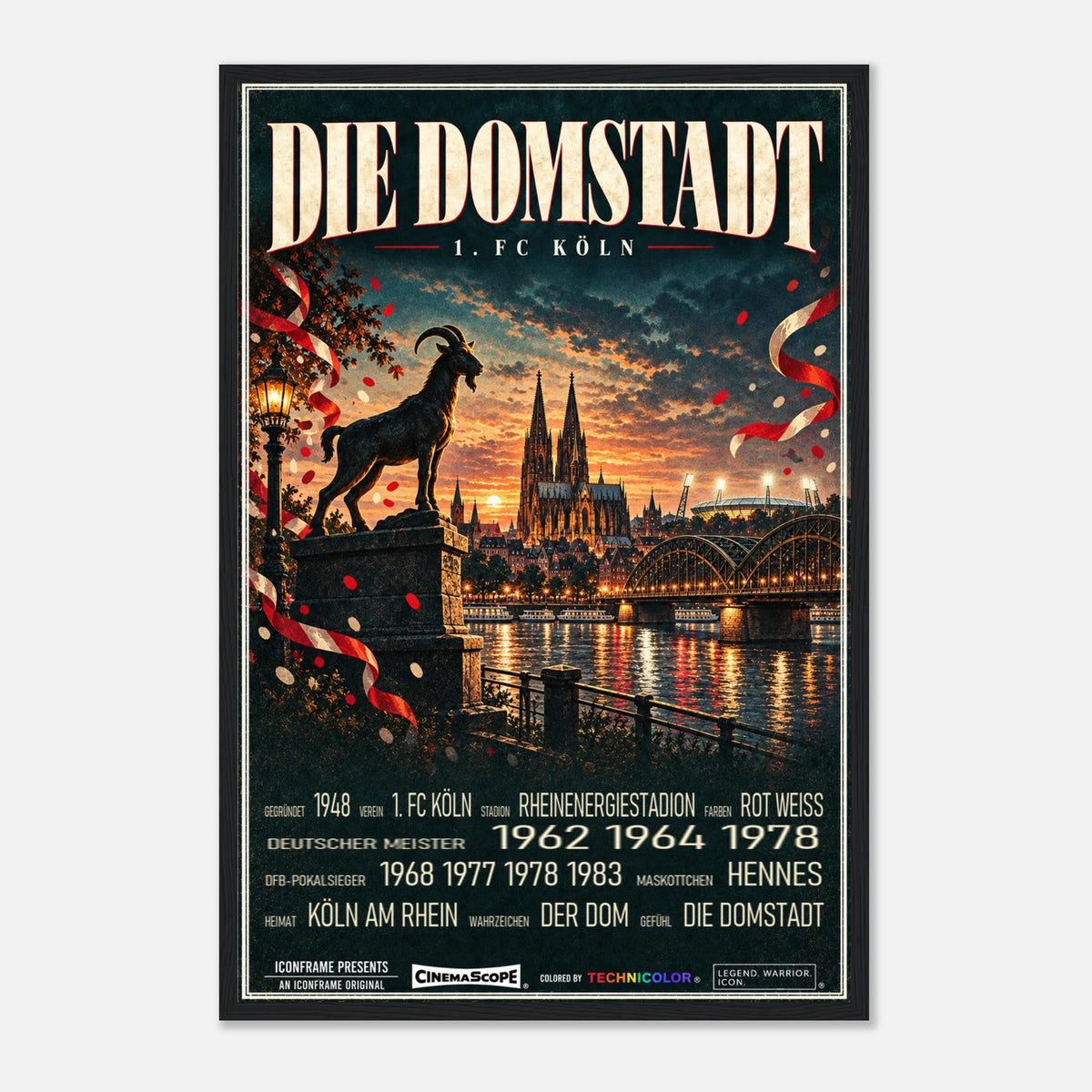1. FC Köln Poster „Die Domstadt“ – 40 × 60 cm, mit schwarzem Holzrahmen vor hellem Hintergrund