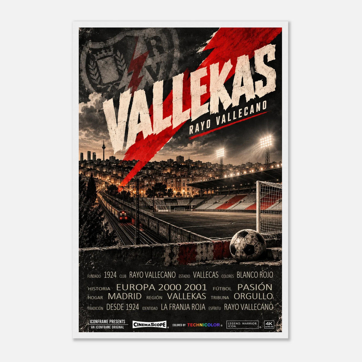 Rayo Vallecano Poster „Vallekas“ – 40 × 60 cm, mit weißem Holzrahmen vor hellem Hintergrund