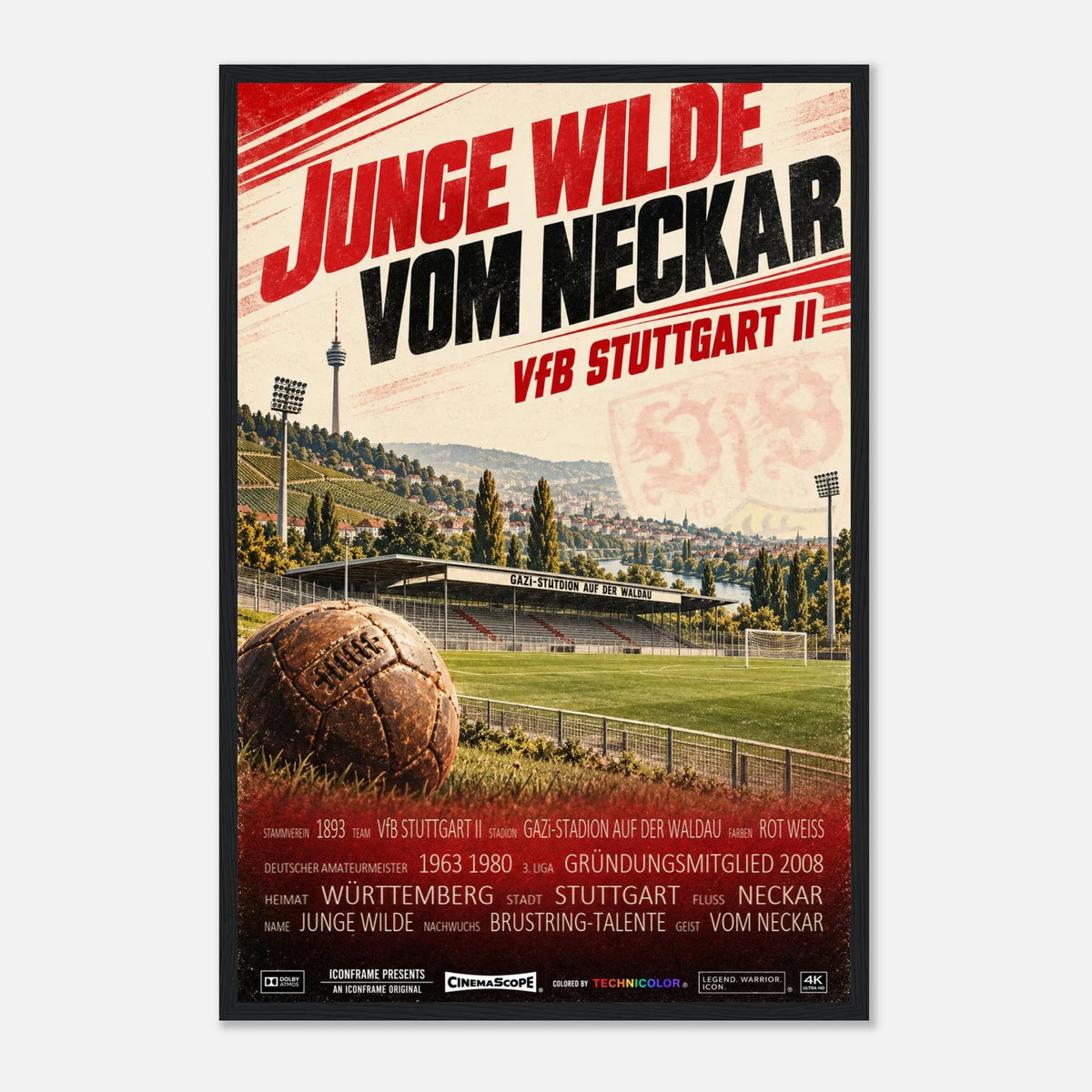 VfB Stuttgart II Poster „Junge Wilde vom Neckar“ – 40 × 60 cm, mit schwarzem Holzrahmen