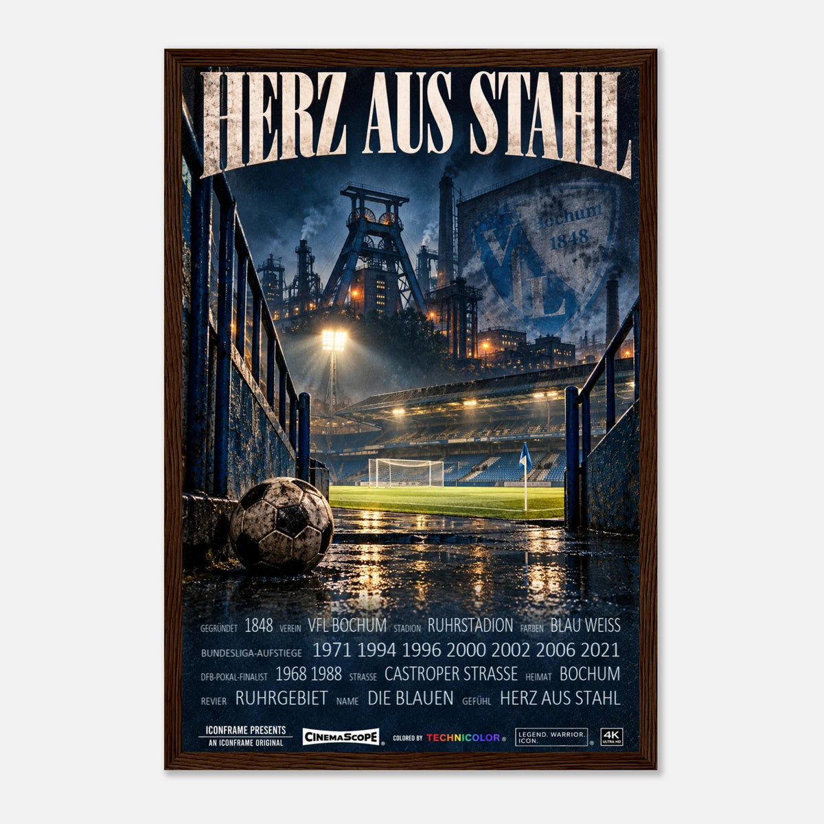 VfL Bochum Poster „Herz aus Stahl“ – 30 × 45 cm, mit dunkelbraunem Holzrahmen vor hellem Hintergrund