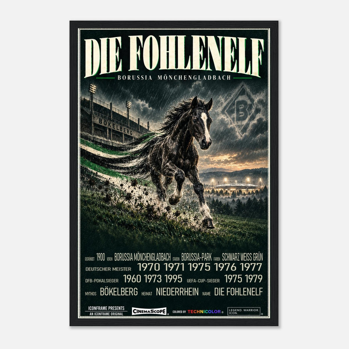 Borussia Mönchengladbach Poster „Die Fohlenelf“ – 30 × 45 cm, mit schwarzem Holzrahmen vor hellem Hintergrund