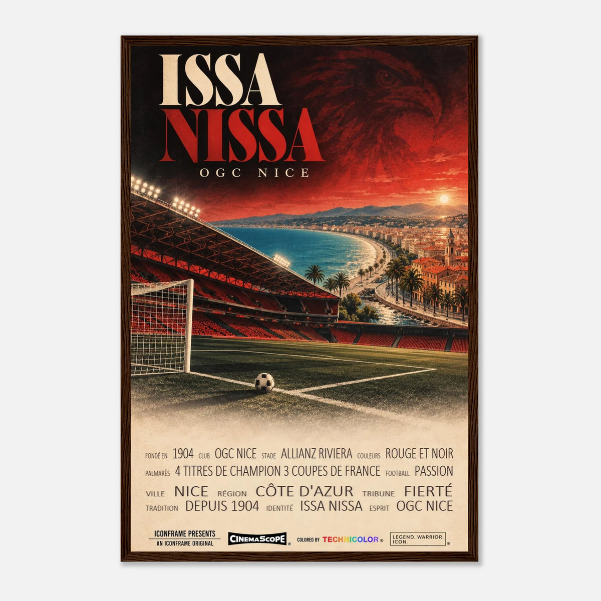 OGC Nizza Poster „Issa Nissa“ – 40 × 60 cm, mit dunkelbraunem Holzrahmen