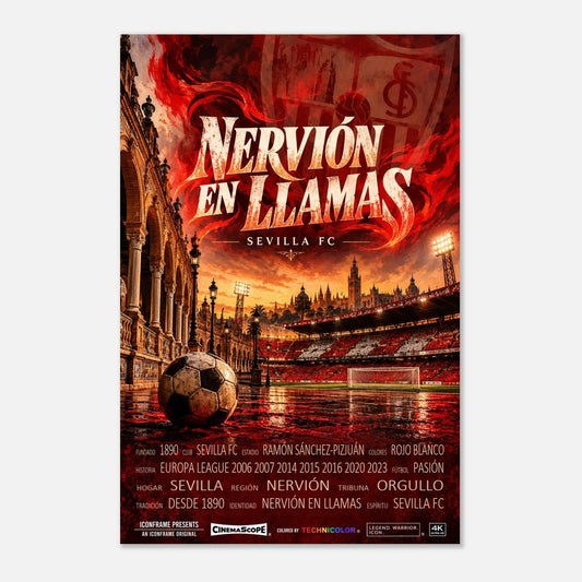 FC Sevilla Poster „Nervión en Llamas“ – 60 × 90 cm, ohne Rahmen vor hellem Hintergrund