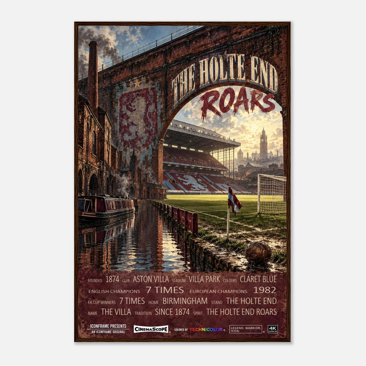 Aston Villa Poster „The Holte End Roars“ – 60 × 90 cm, mit dunkelbraunem Holzrahmen vor hellem Hintergrund