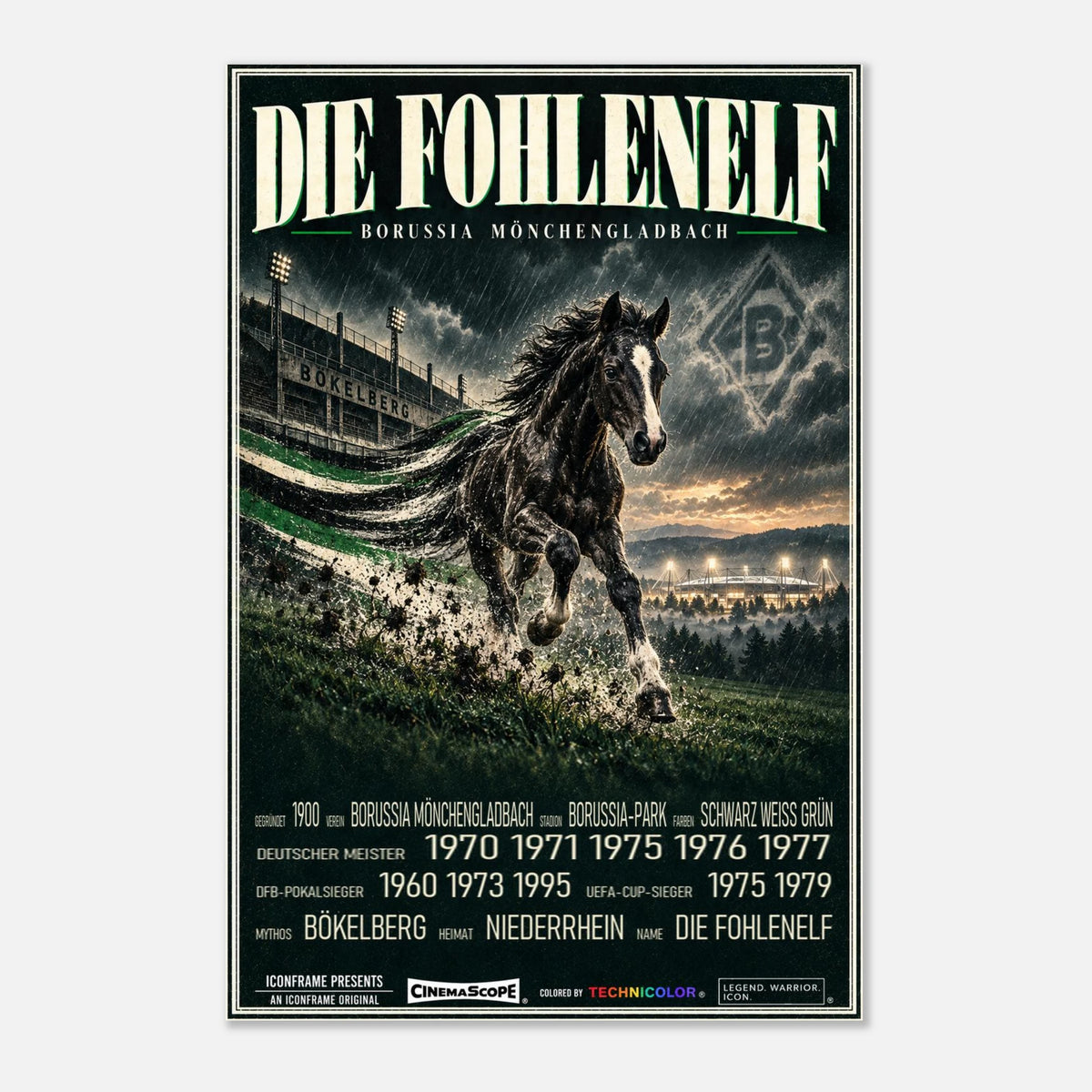 Borussia Mönchengladbach Poster „Die Fohlenelf“ – mit dunkelbraunem Holzrahmen vor hellem Hintergrund