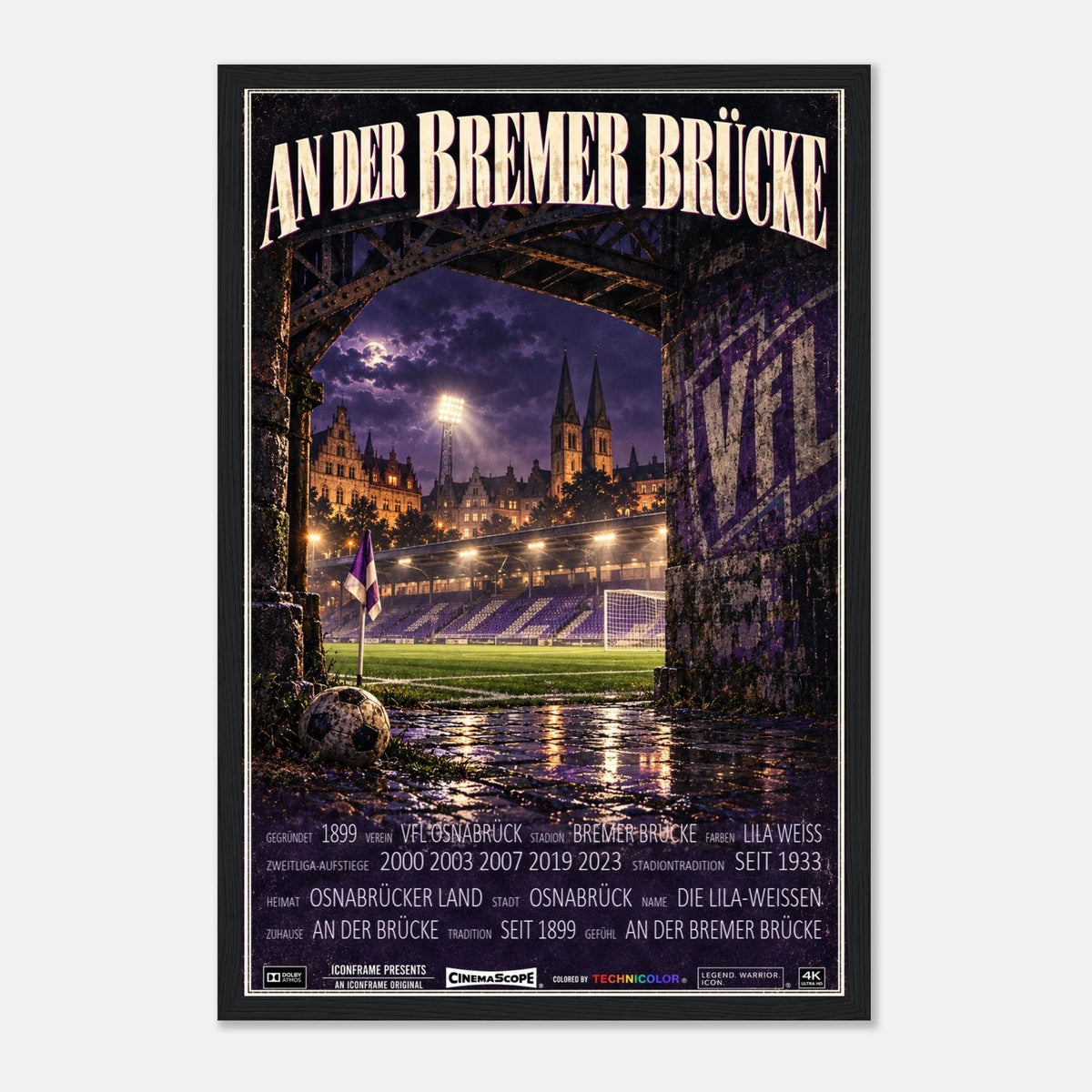 VfL Osnabrück Poster „An der Bremer Brücke“ – 30 × 45 cm, mit schwarzem Holzrahmen vor hellem Hintergrund
