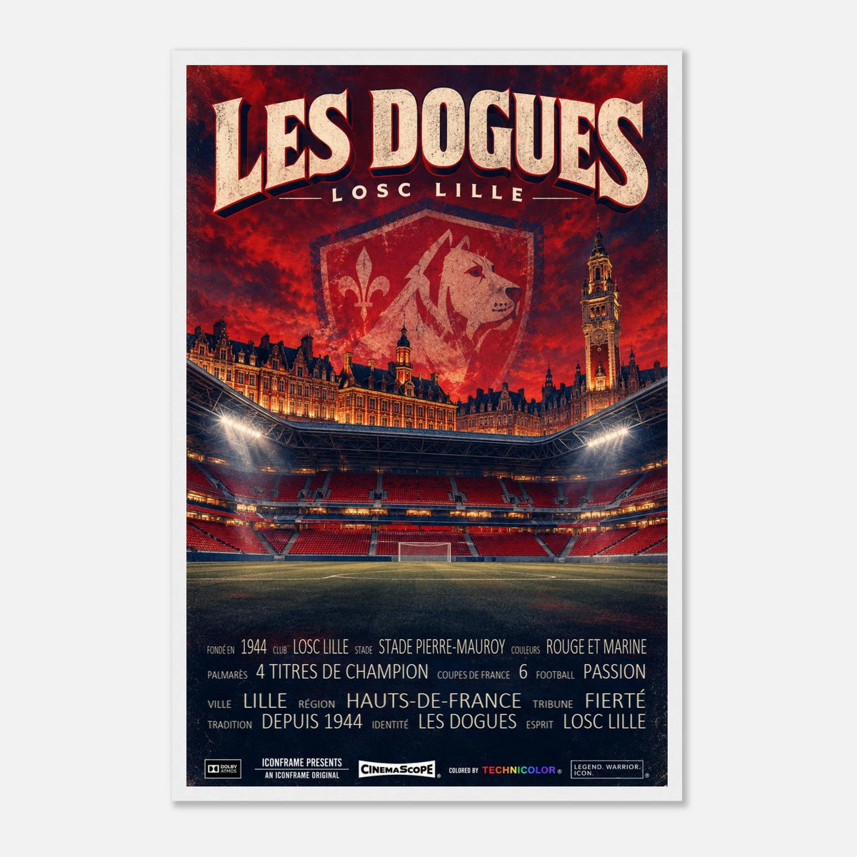 LOSC Lille Poster „Les Dogues“ – 40 × 60 cm, mit weißem Holzrahmen