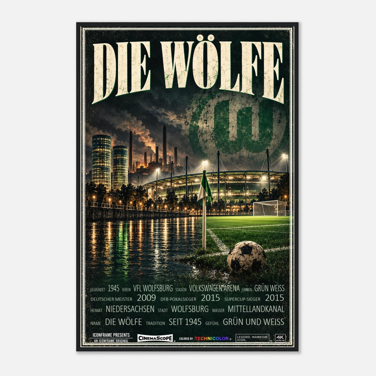 VfL Wolfsburg Poster „Die Wölfe“ – 60 × 90 cm, mit schwarzem Holzrahmen vor hellem Hintergrund