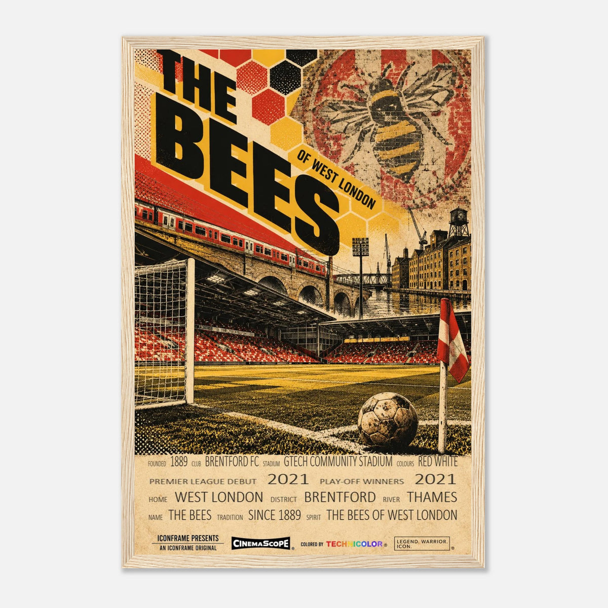 Brentford Poster „The Bees“ – 30 × 45 cm, mit naturfarbenem Holzrahmen vor hellem Hintergrund