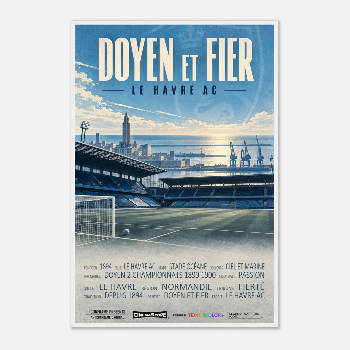 Le Havre AC Poster „Doyen et Fier“ – 60 × 90 cm, mit weißem Holzrahmen