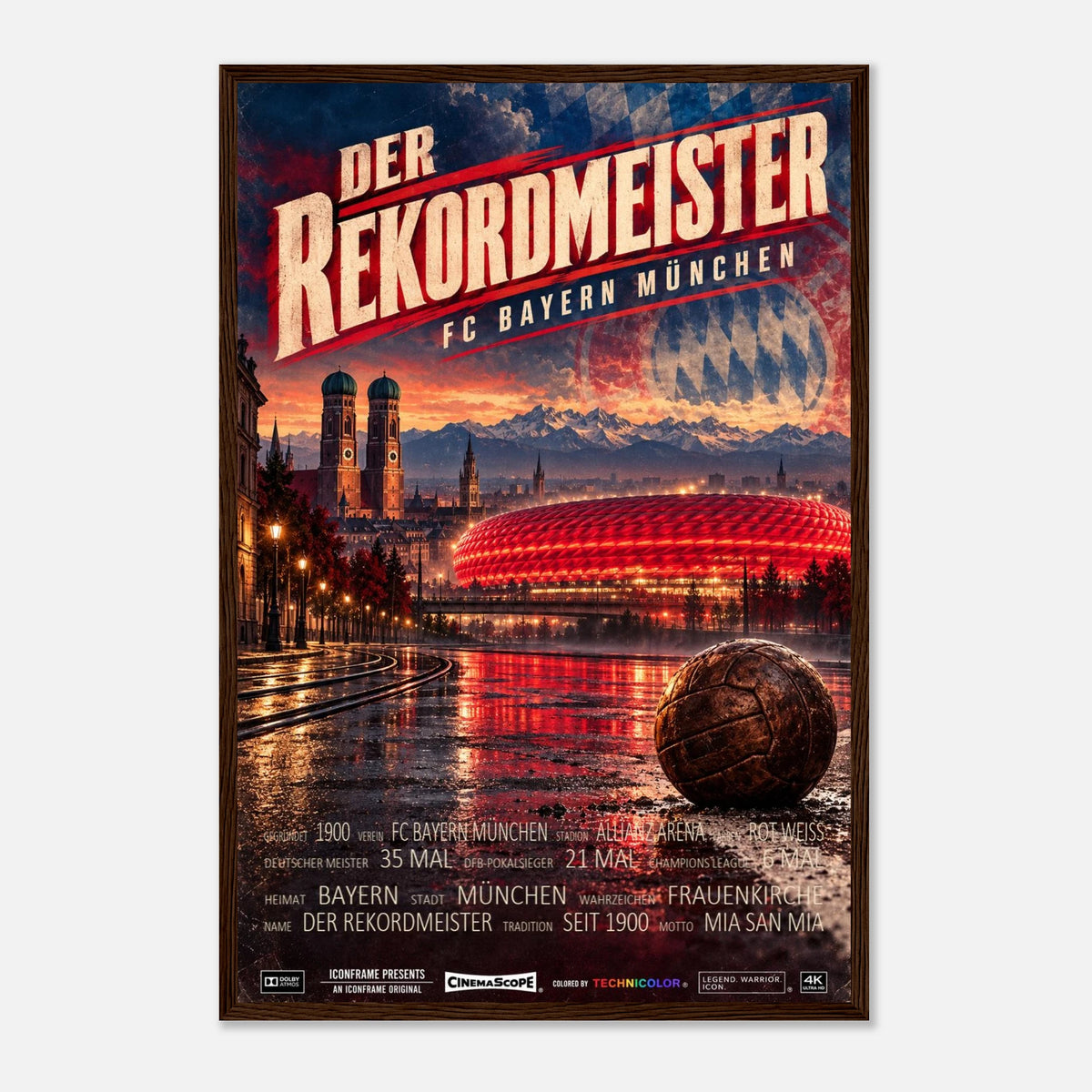 Bayern München Poster „Der Rekordmeister“ – 40 × 60 cm, mit dunkelbraunem Holzrahmen