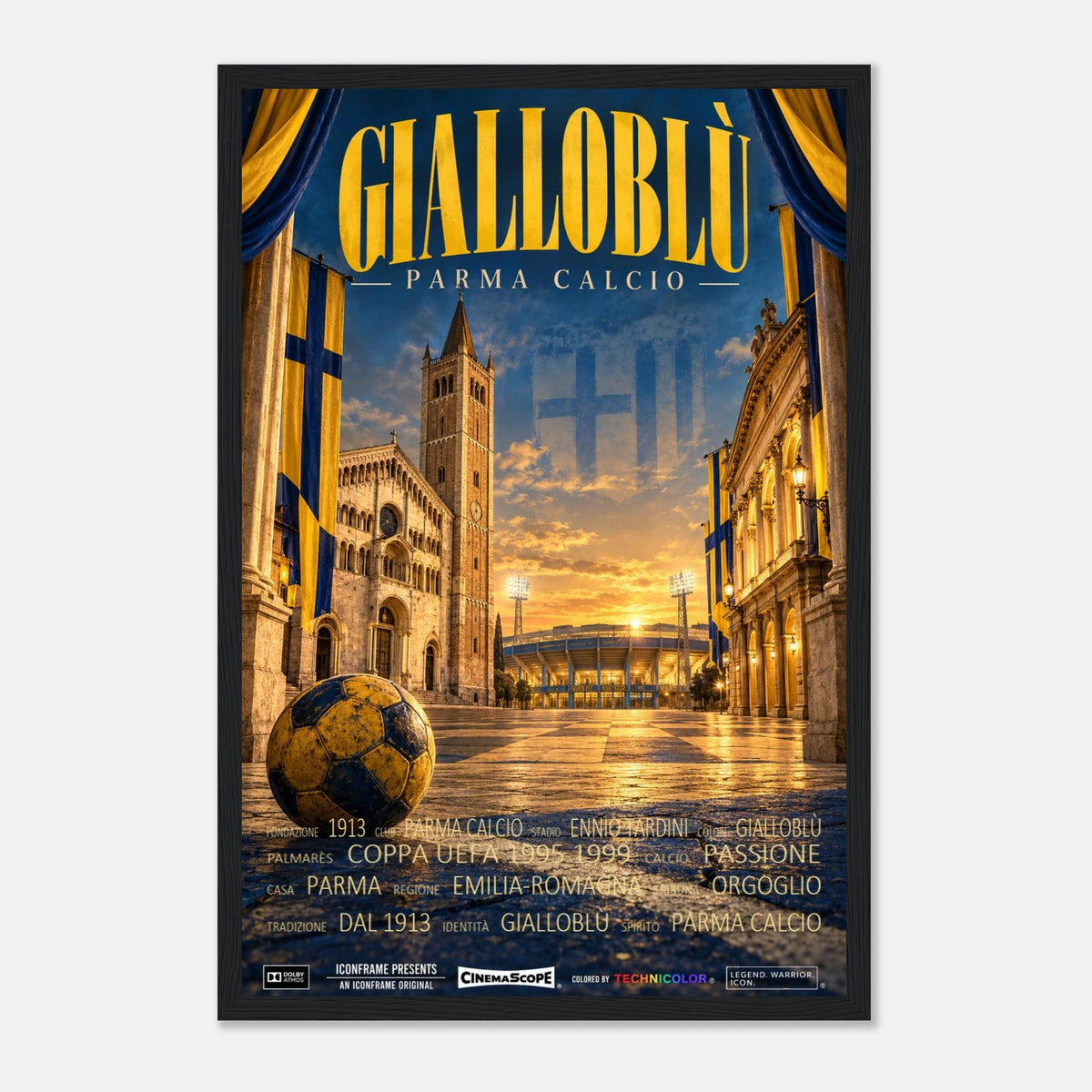 Parma Calcio Poster „Gialloblù“ – 30 × 45 cm, mit schwarzem Holzrahmen vor hellem Hintergrund