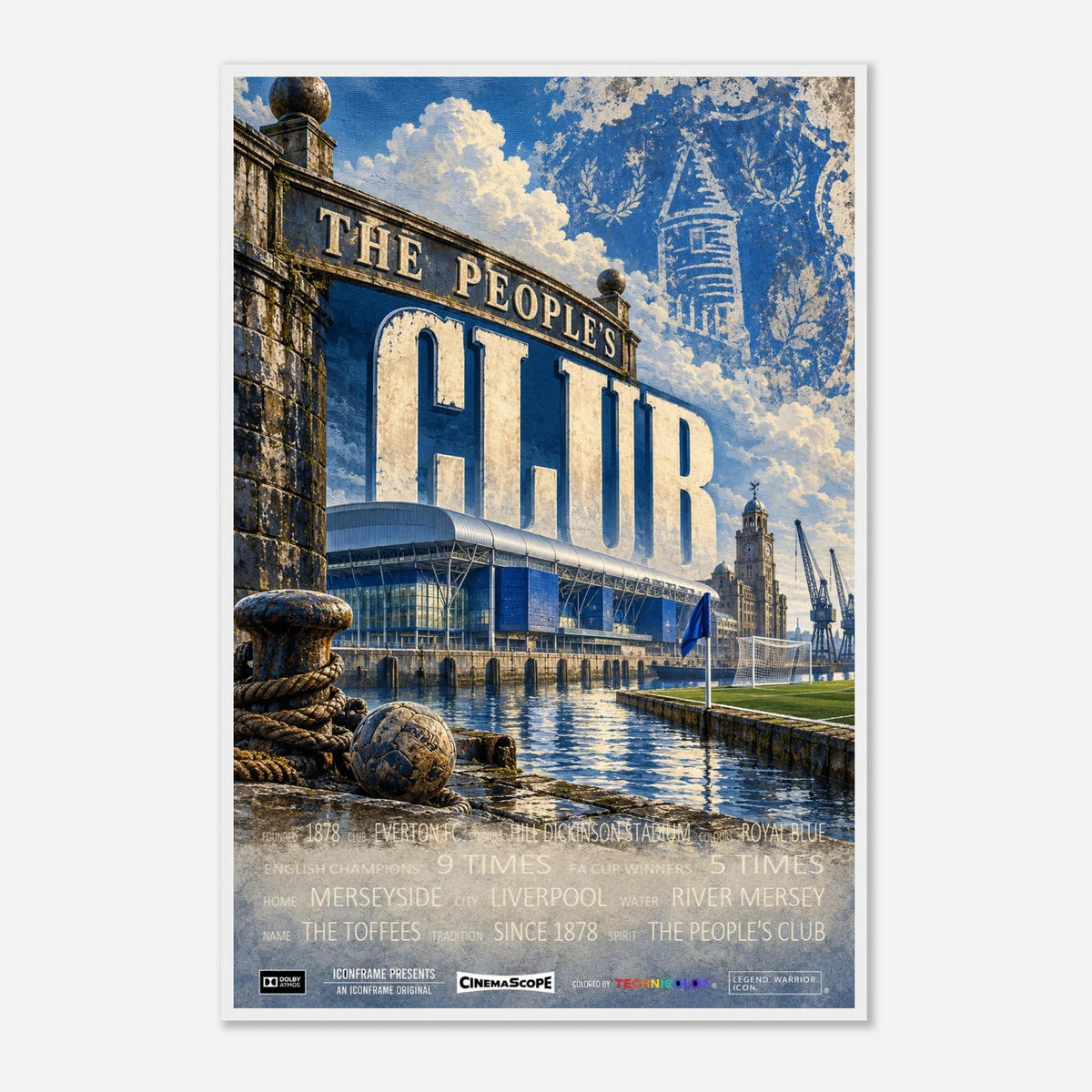 Everton Poster „The People's Club“ – 60 × 90 cm, mit weißem Holzrahmen vor hellem Hintergrund