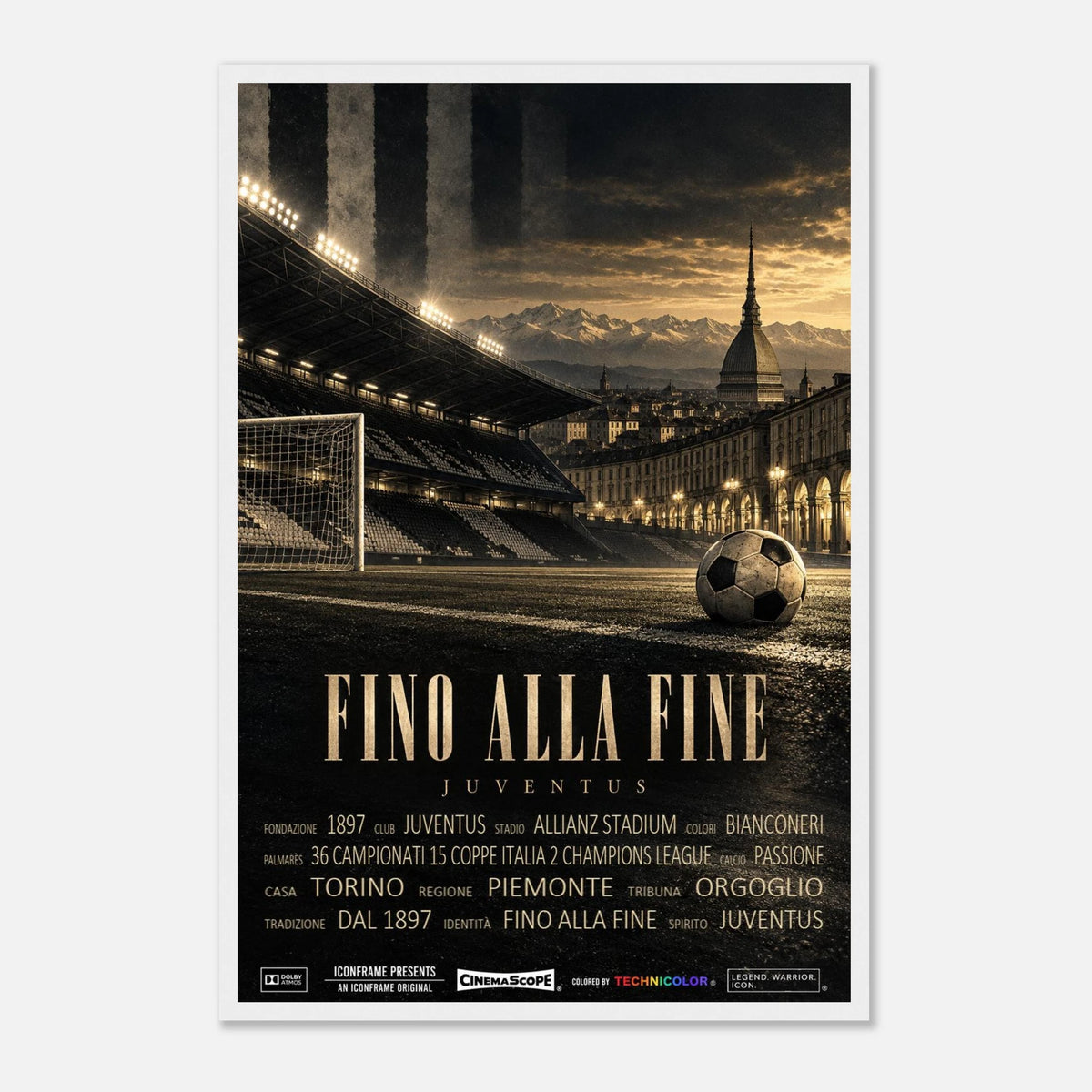 Juventus Turin Poster „Fino alla Fine“ – 40 × 60 cm, mit weißem Holzrahmen vor hellem Hintergrund