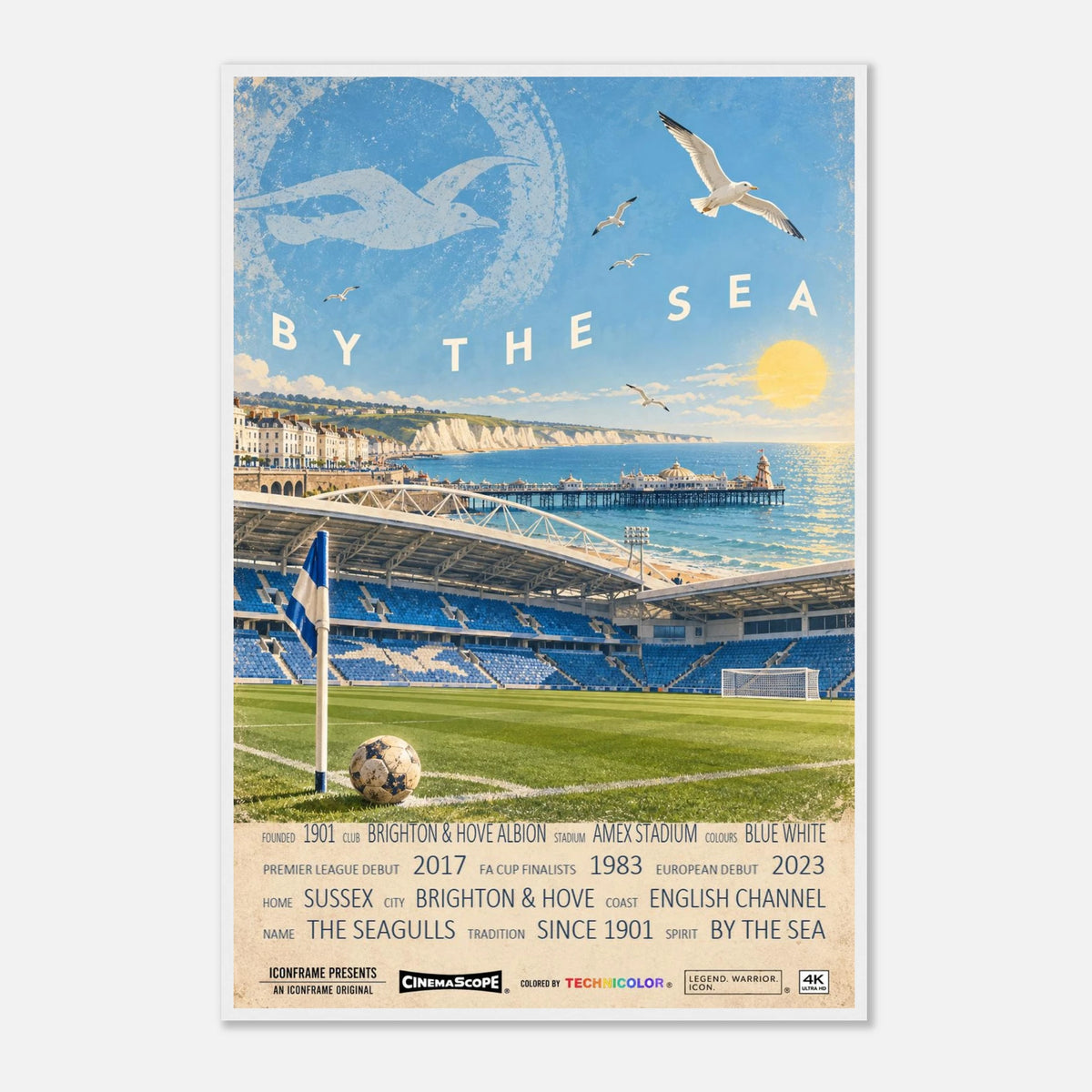 Brighton & Hove Albion Poster „By the Sea“ – 60 × 90 cm, mit weißem Holzrahmen vor hellem Hintergrund