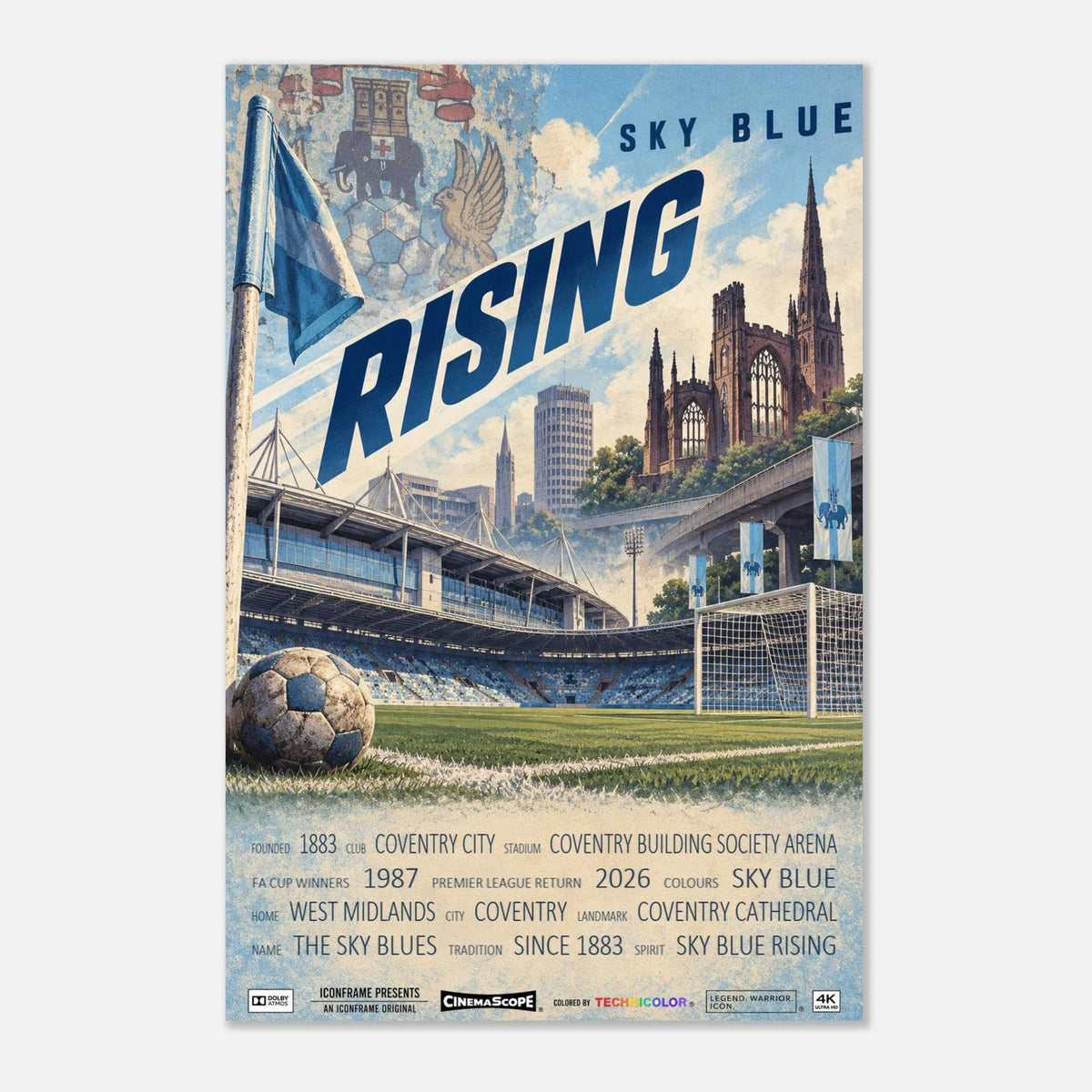 Coventry City Poster „Sky Blue Rising“ – 30 × 45 cm, ohne Rahmen vor hellem Hintergrund