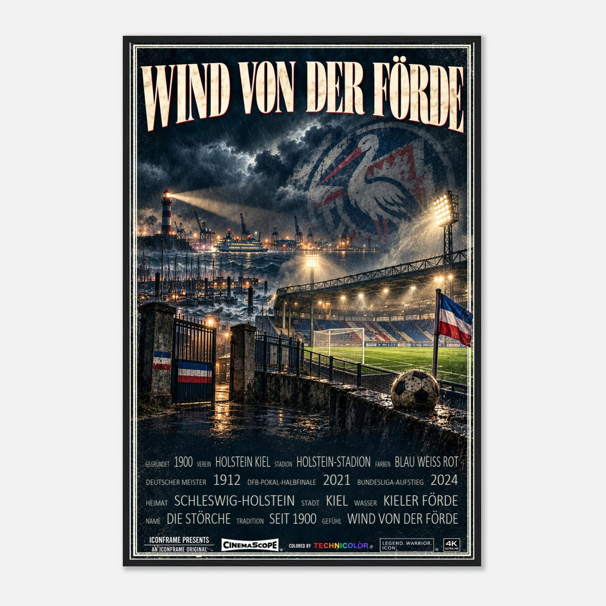 Holstein Kiel Poster „Wind von der Förde“ – 60 × 90 cm, mit schwarzem Holzrahmen vor hellem Hintergrund