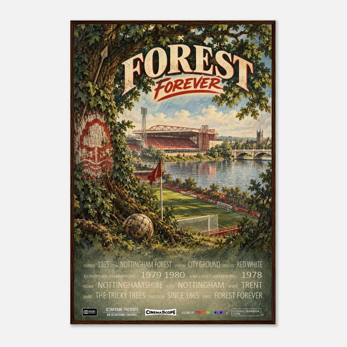Nottingham Forest Poster „Forest Forever“ – 60 × 90 cm, mit dunkelbraunem Holzrahmen vor hellem Hintergrund