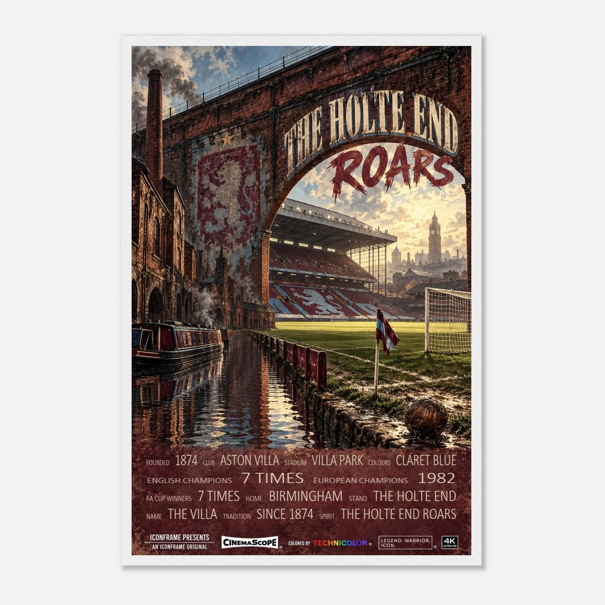 Aston Villa Poster „The Holte End Roars“ – 40 × 60 cm, mit weißem Holzrahmen vor hellem Hintergrund