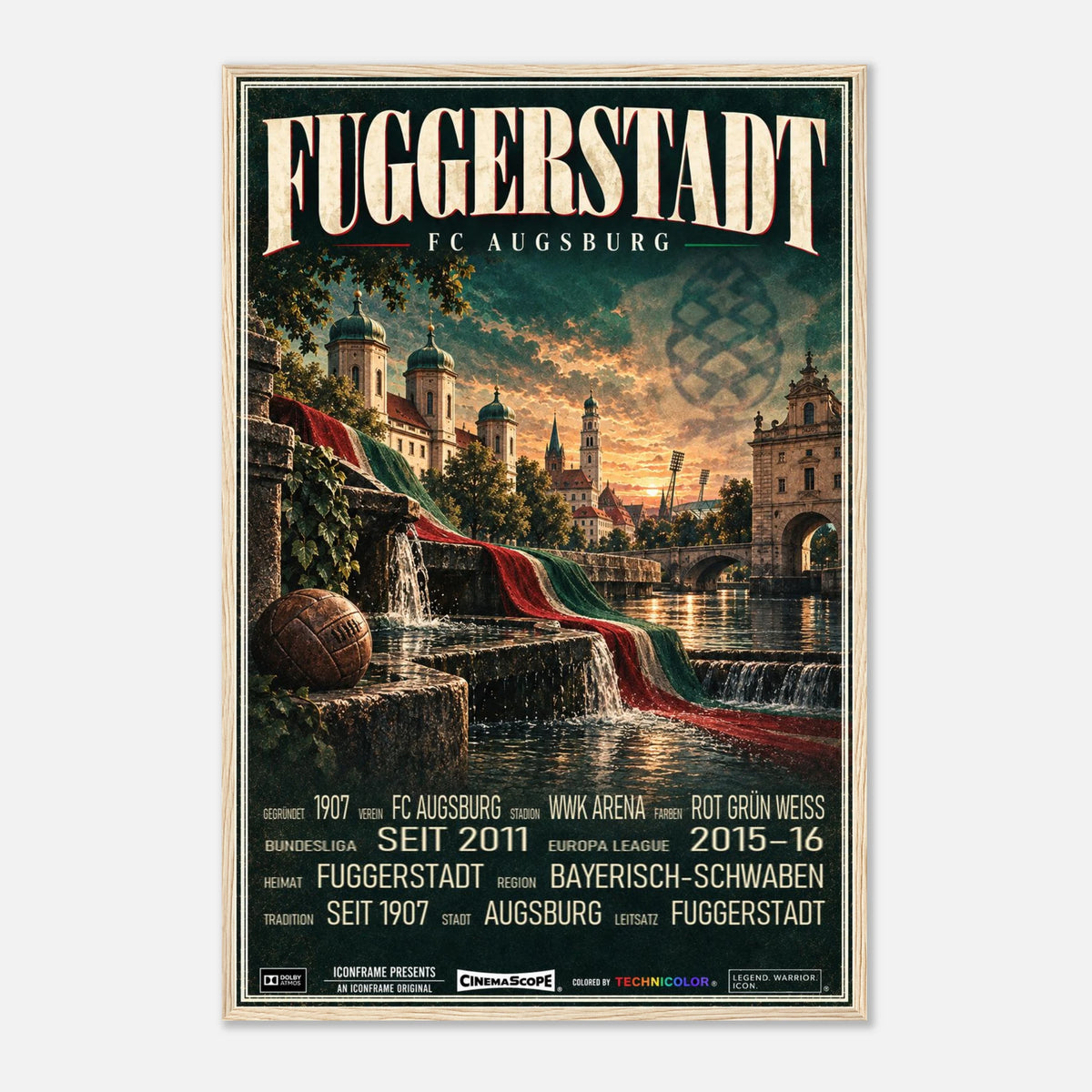 FC Augsburg Poster „Fuggerstadt“ – 60 × 90 cm, mit naturfarbenem Holzrahmen vor hellem Hintergrund