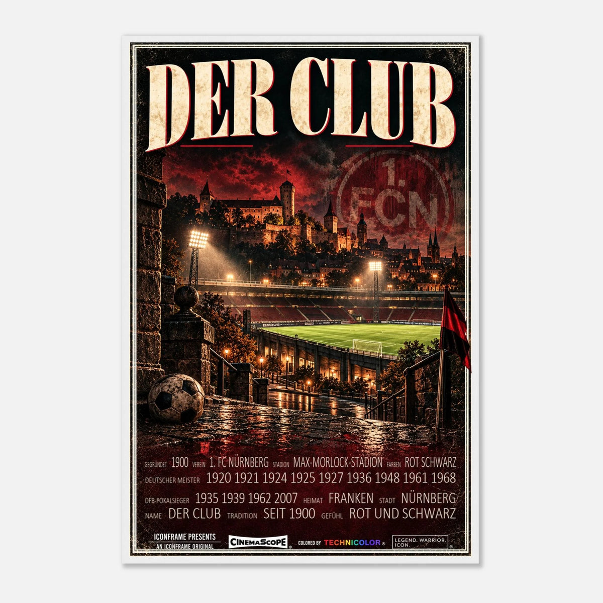 1. FC Nürnberg Poster „Der Club“ – 60 × 90 cm, mit weißem Holzrahmen vor hellem Hintergrund