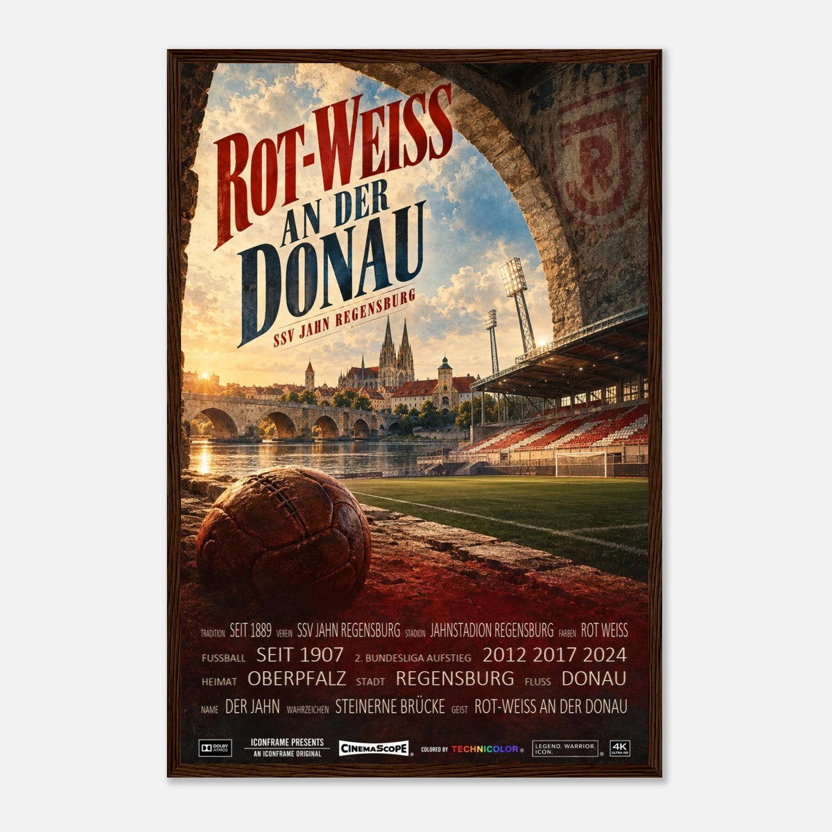 SSV Jahn Regensburg Poster „Rot-Weiss an der Donau“ – 40 × 60 cm, mit dunkelbraunem Holzrahmen