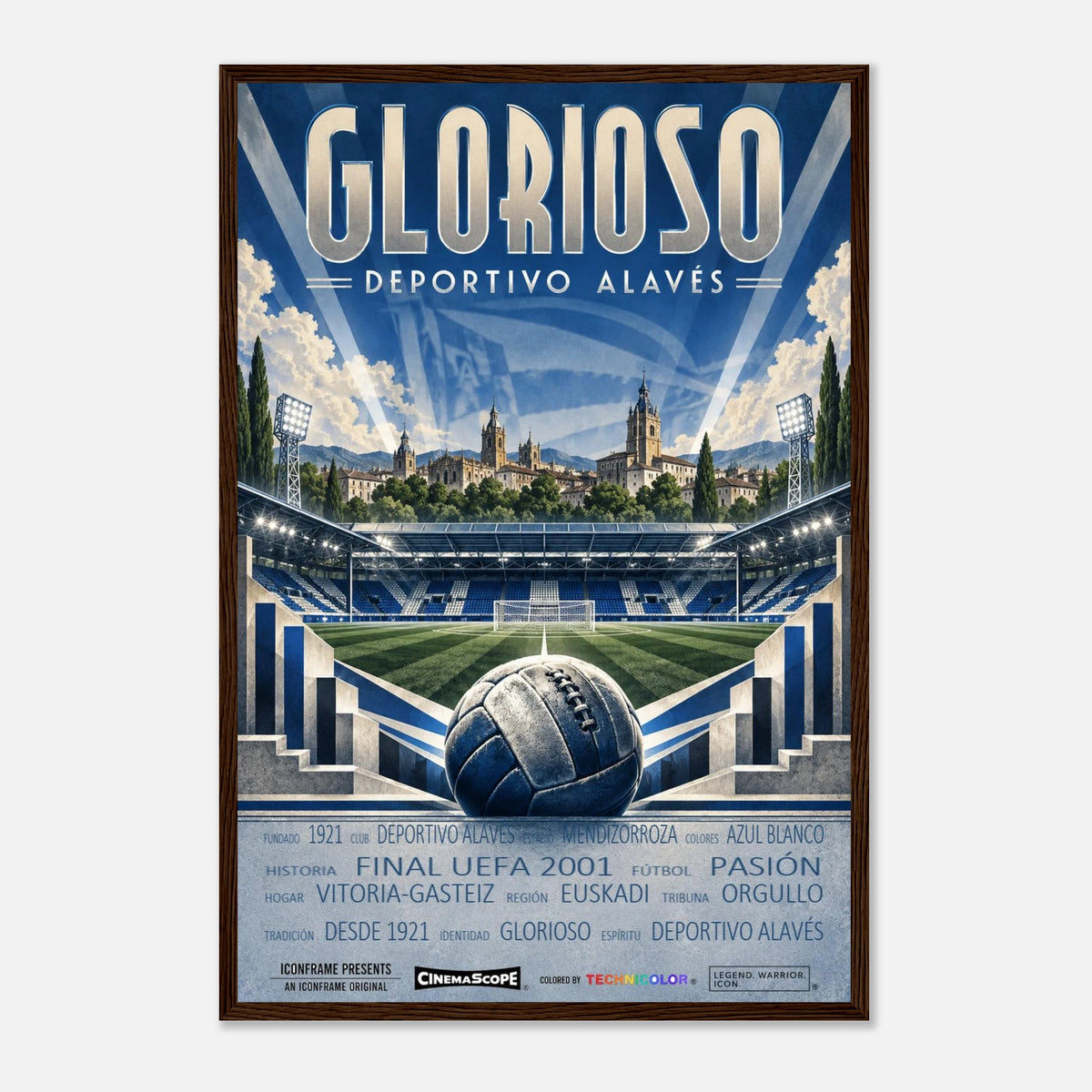 Deportivo Alavés Poster „Glorioso“ – 40 × 60 cm, mit dunkelbraunem Holzrahmen vor hellem Hintergrund