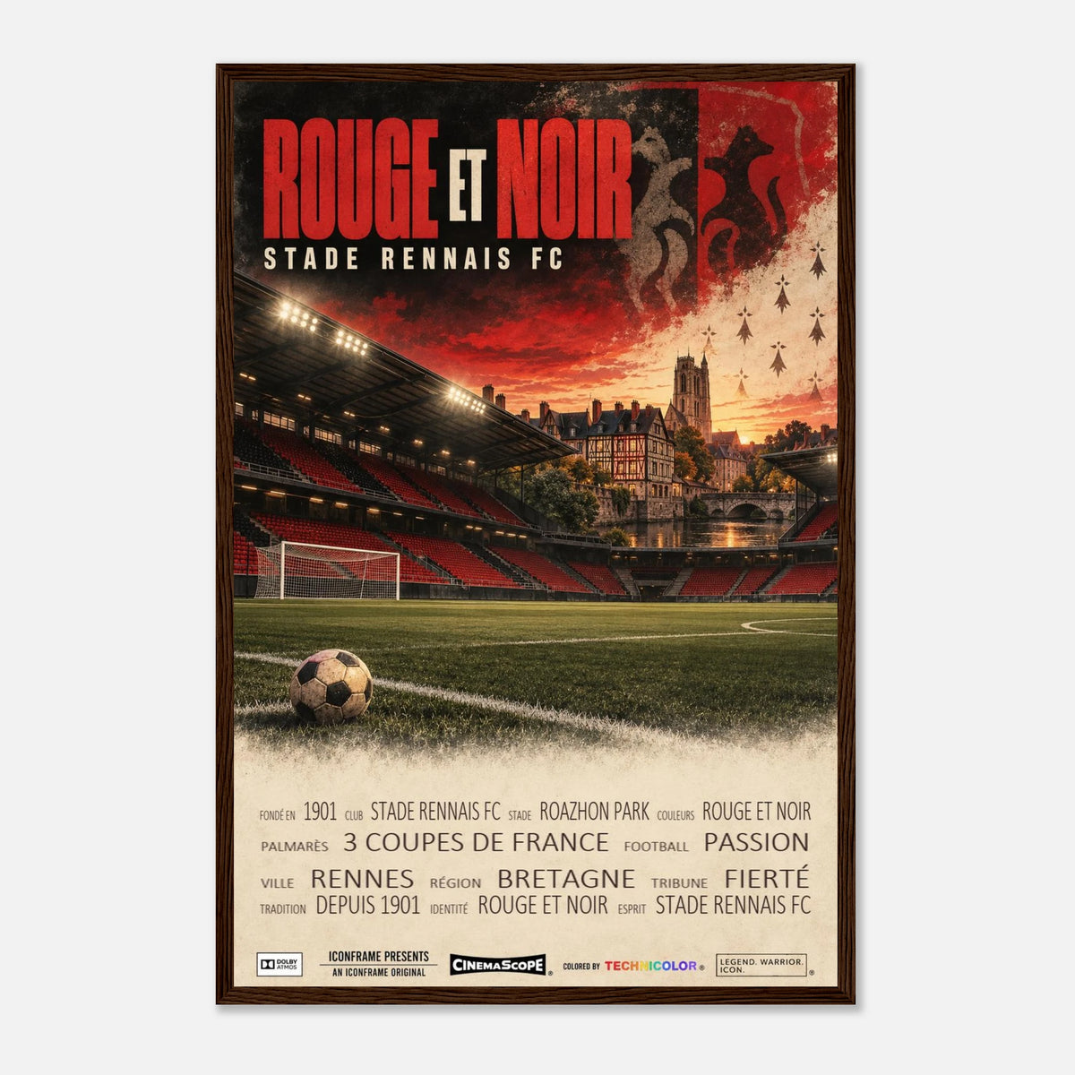 Stade Rennes Poster „Rouge et Noir“ – 40 × 60 cm, mit dunkelbraunem Holzrahmen