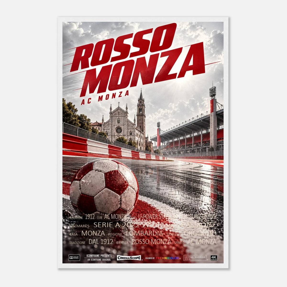 AC Monza Poster „Rosso Monza“ – 40 × 60 cm, mit weißem Holzrahmen vor hellem Hintergrund