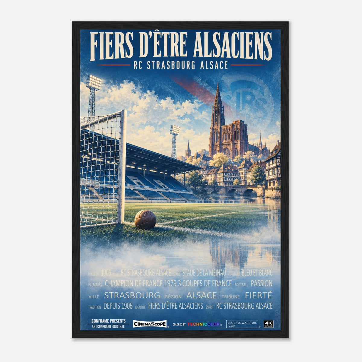 Racing Straßburg Poster „Fiers d’être Alsaciens“ – 30 × 45 cm, mit schwarzem Holzrahmen
